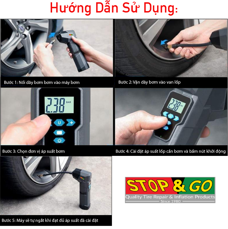 Hướng dẫn sử dụng bộ bơm pin và vá nấm Stop & Go
